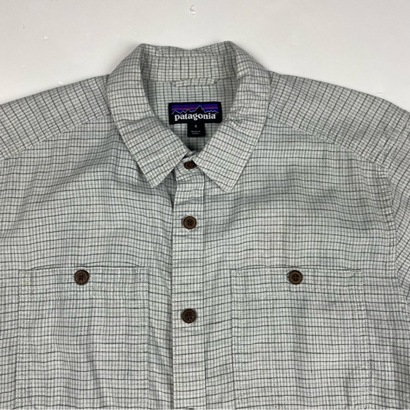 Patagonia Hemp Cotton Short Sleeve Shirt Men’s Small Grey Check Well Worn Button - Picture 2 of 8